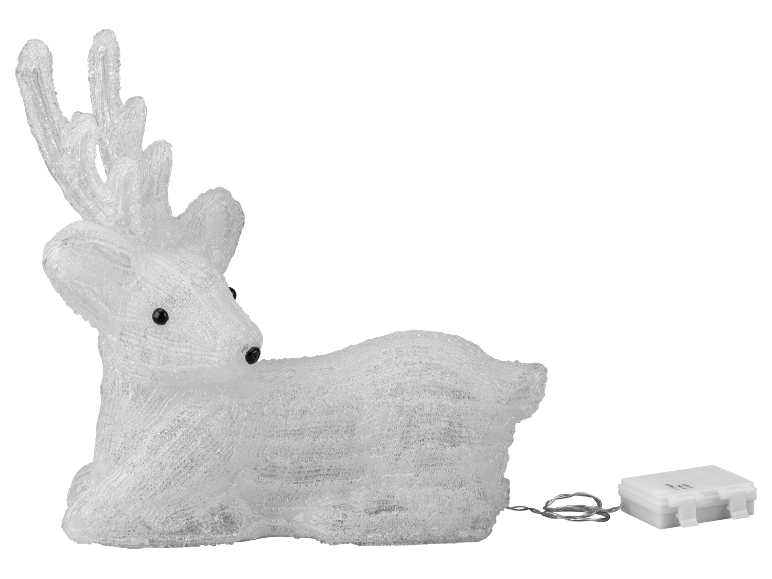 Weiße, durchscheinende Rentier-Weihnachtsdekoration mit schwarzen Augen, liegend, mit Batteriefach