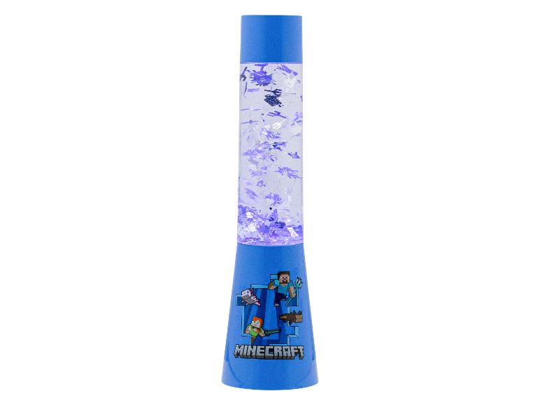 Blaue Lavalampe mit lila Glitzer und Videospielcharakteren auf dem Sockel.