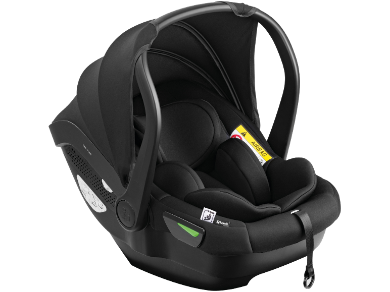 Schwarzer Hauck Babysitz mit Sonnenverdeck und Tragegriff.