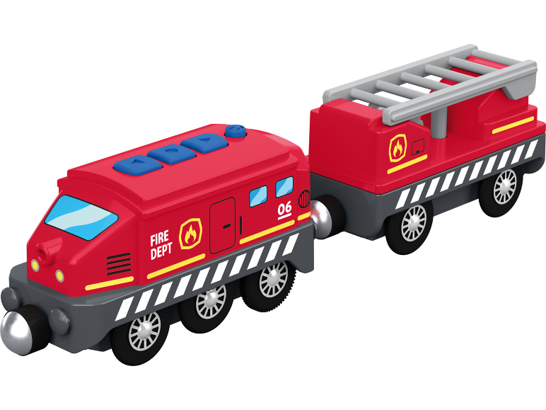 Roter Spielzeug-Feuerwehrzug mit zwei Waggons, einer mit Leiter, auf weißem Hintergrund.