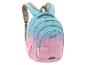 Kinderrucksack in Pink-Blau-Ombré mit Katzenmuster und der Aufschrift „MEOW“.
