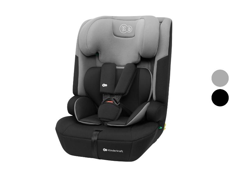 Grauer und schwarzer Kindersitz mit verstellbarer Kopfstütze und Fünfpunktgurt.