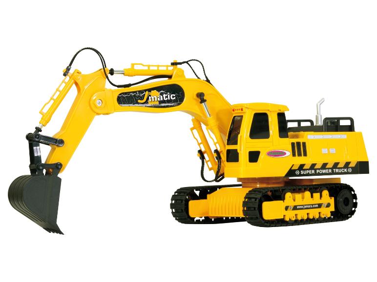 Ein gelber Jamara Spielzeugbagger mit schwarzen Ketten und Gelenkarm.