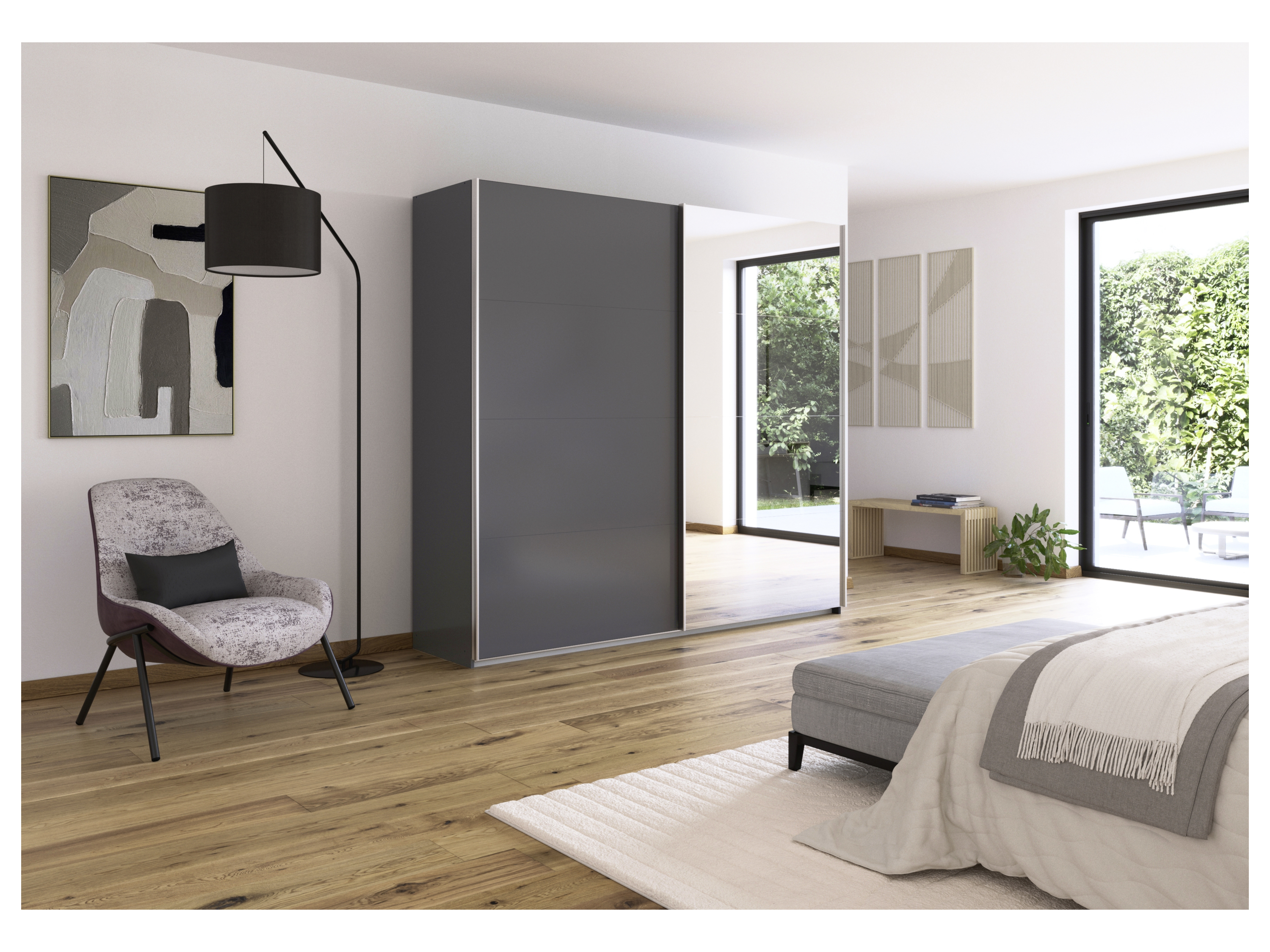 RAUCH ORANGE Quadra Schwebetürenschrank mit Spiegelelementen (Premium-Zubehör, Korpus: Graumetallic, 226 x 210 cm) – Bild 2 von 4