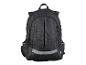 Schwarzer Rucksack mit Seitentaschen.