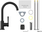 Schwarze Küchenarmatur mit flexiblen Anschlussschläuchen und Installationsanleitung.