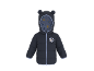 Dunkelblaue Kinderjacke mit Kapuze mit Ohren und einem Cartoon-Motiv auf der Brust.