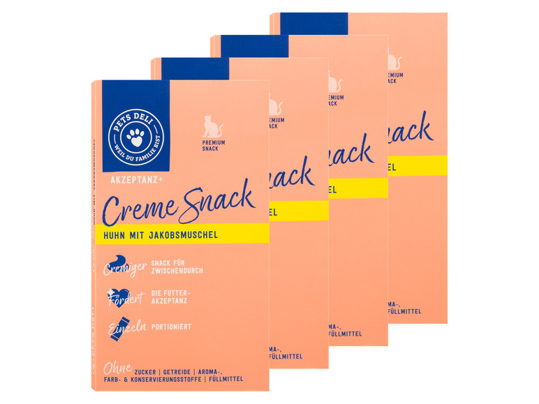 Gehe zu Vollbildansicht: PetsDeli Premium Creme Snack Huhn mit Jakobsmuschel für Katzen, 4 x 90 g - Bild 1