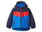 Kinderjacke in Dunkelblau, Rot und Hellblau mit Kapuze und Reißverschluss.