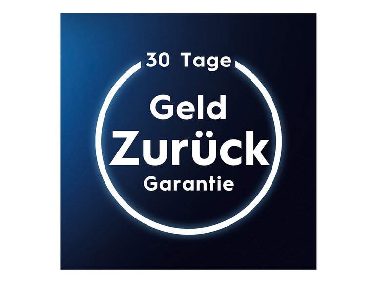 Ein weißes Logo mit dem Text '30 Tage Geld Zurück Garantie' auf blauem Hintergrund.