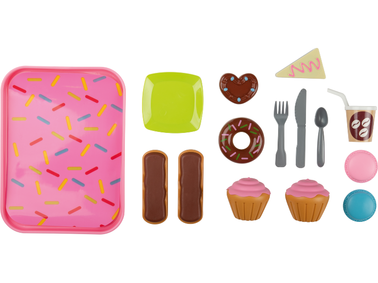 Ein Spielzeug-Dessert-Set mit rosa Tablett, grünem Teller, verschiedenen Gebäckstücken und Besteck.