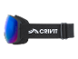 Schwarze Skibrille mit blauer Spiegelscheibe und weißem Schriftzug auf dem Band