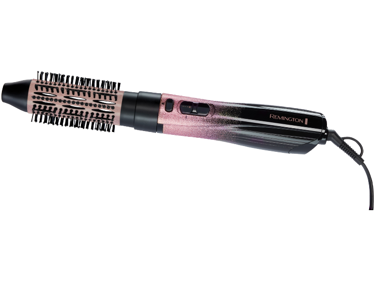 Rosa-schwarzer Warmluftstyler mit Bürstenkopf und Bedienelementen.
