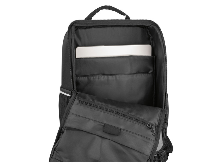 Ein offener schwarzer Rucksack mit Laptopfach.