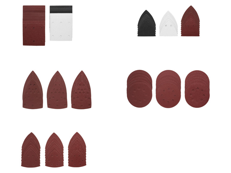 Schleifpapier in verschiedenen Formen und Größen, inklusive runder Scheiben und dreieckiger Schleifblätter.