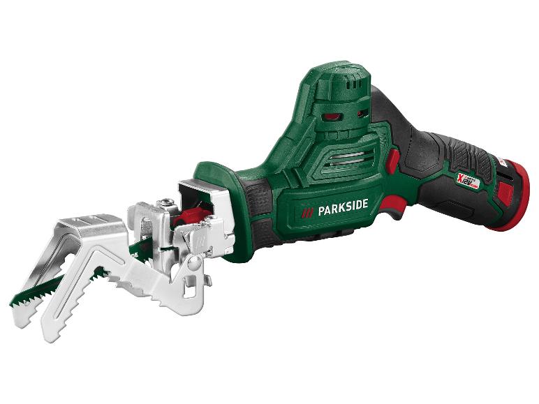 Parkside Stichsäge: grün-schwarzes Elektrowerkzeug mit Sägeblättern.