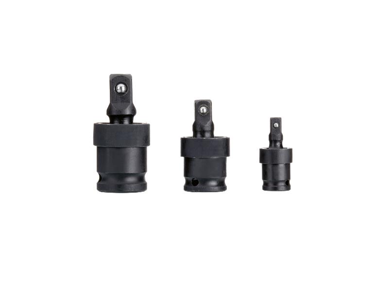 Drei schwarze Universal-Steckschlüsseladapter auf weißem Hintergrund.