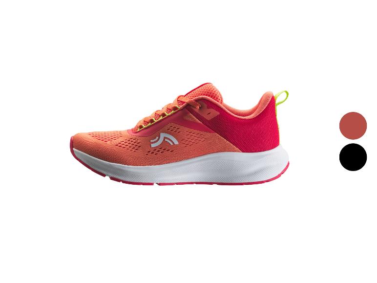 Orange-rosa Sportschuh mit weißer Sohle und leuchtend gelben Akzenten.
