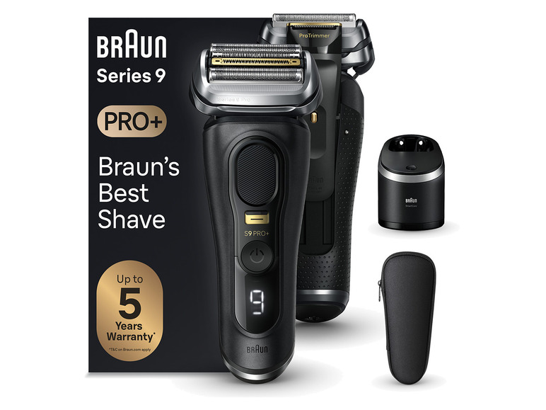 Braun Series 9 Pro+ Elektrorasierer mit Ladegerät und Reiseetui.