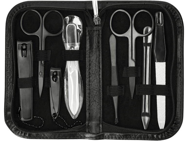 Maniküre- und Pediküre-Set in schwarzem Etui, mit Schere, Nagelknipser, Pinzette und Feile.