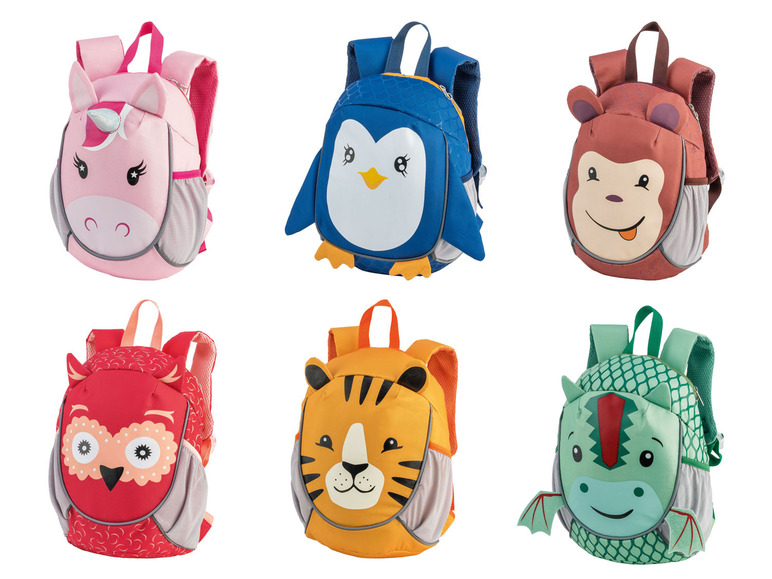 Sechs Kinderrucksäcke mit Tiermotiven: Einhorn, Pinguin, Affe, Eule, Tiger und Drache.