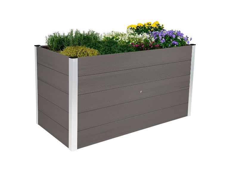 Rechteckiges Hochbeet mit dunkelgrauen Holzpaneelen und verschiedenen Pflanzen.