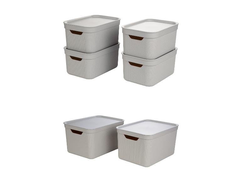 Vier Plastikboxen mit Deckel zum Aufbewahren.