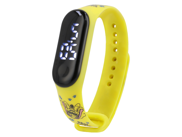 Gelbe Paw Patrol LED-Uhr am Armband.