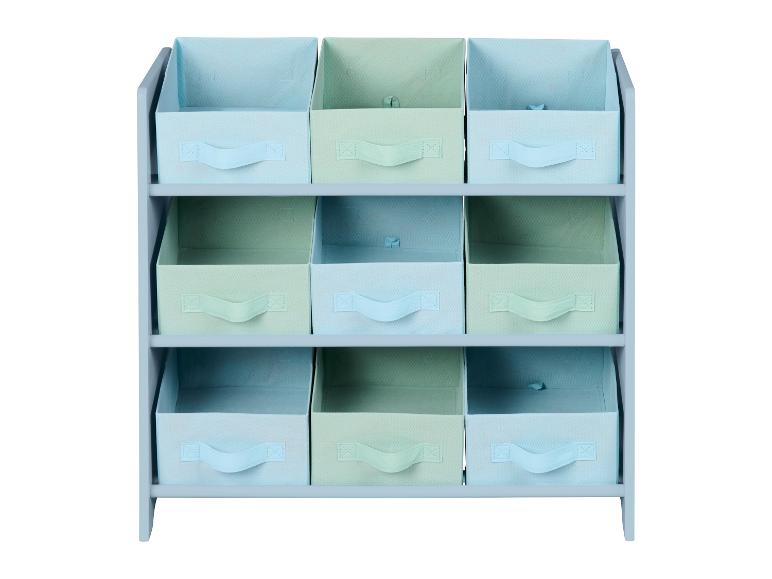 Aufbewahrungsregal mit 9 Stoffboxen in Pastelltönen von Blau und Grün
