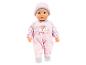 Babypuppe mit blauen Augen, bekleidet mit einem rosa Einhorn- und Regenbogenanzug