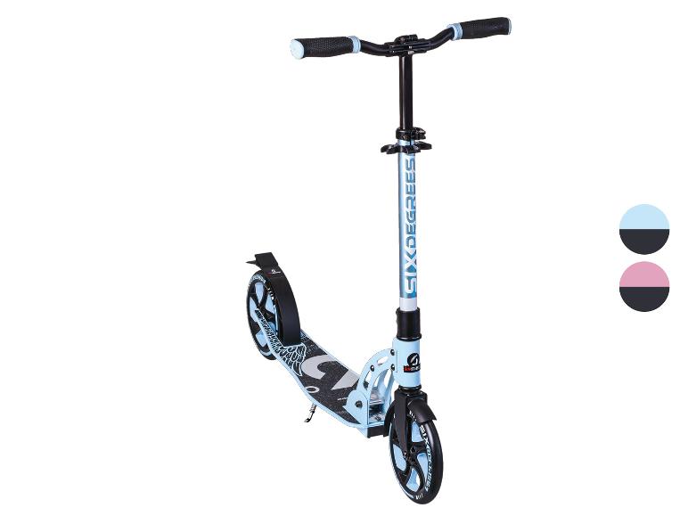 Klappbarer Roller mit großen Rädern, hellblau und schwarz, mit grafischen Details.