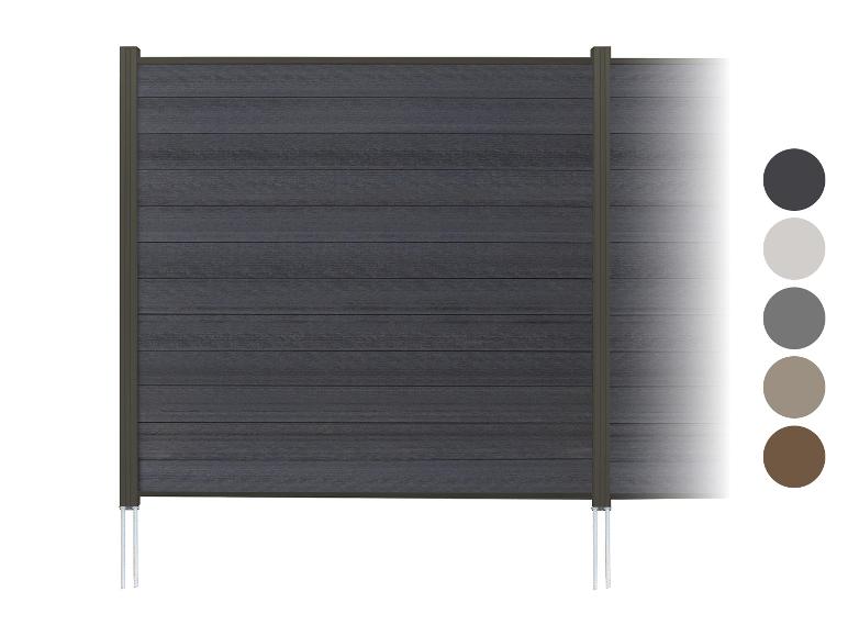 Dunkler WPC-Gartenzaun mit Pfosten und Farboptionen.