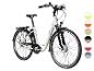 Weißes Tiefeinsteiger-E-Bike mit Farbpalette an der Seite.