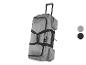 Graue Reisetasche mit Rollen, schwarzen Griffen und Details