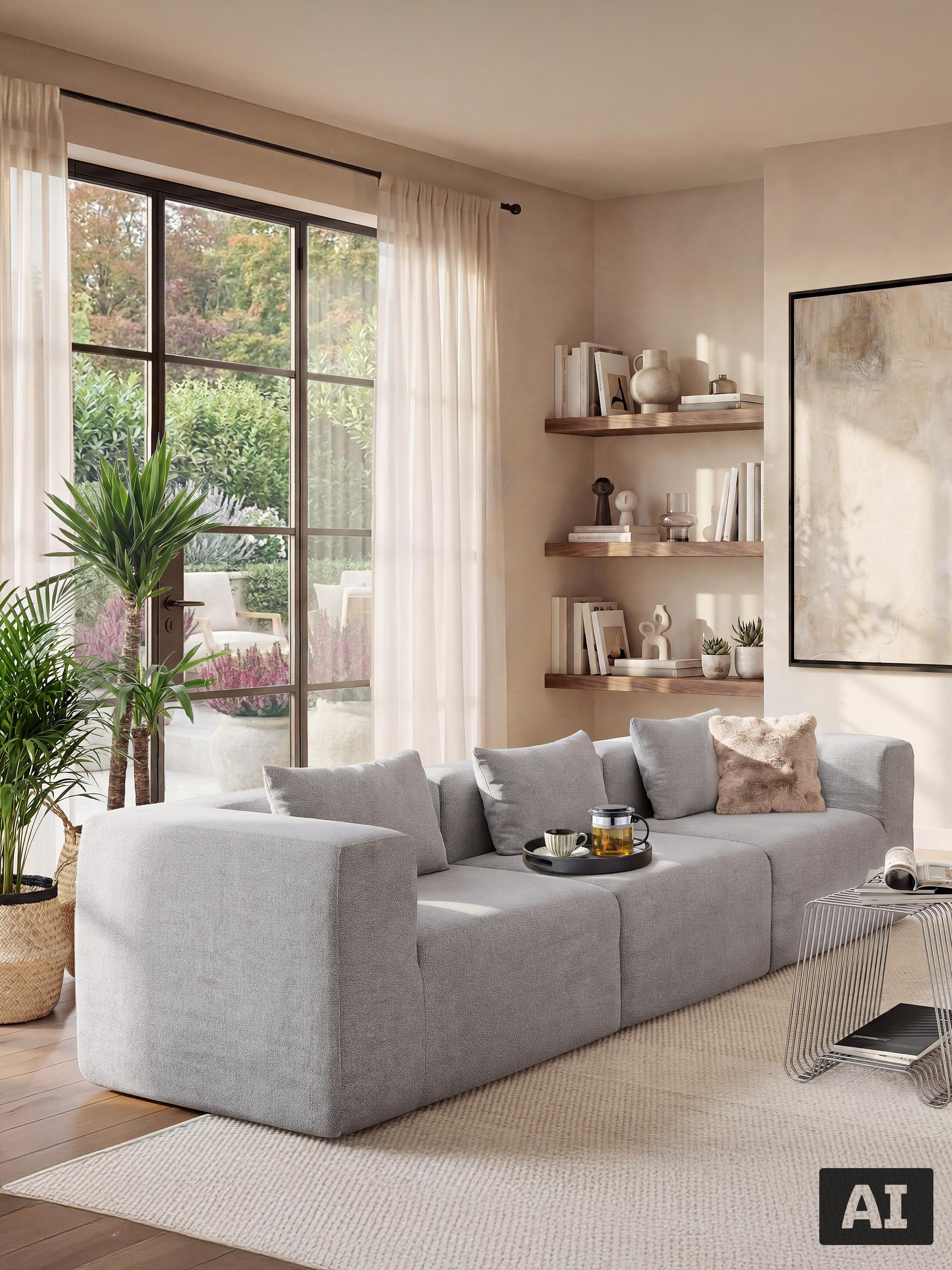 Graues modulares Sofa in einem hellen Wohnzimmer im skandinavischen Stil.