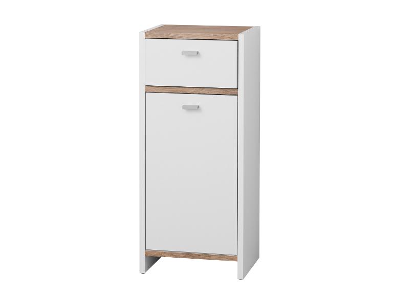 Schmaler weißer und holzfarbener Schrank mit einer Schublade und einer Tür.