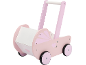 Rosa Holzpuppenwagen mit weißem Griff und Herzdekoration.