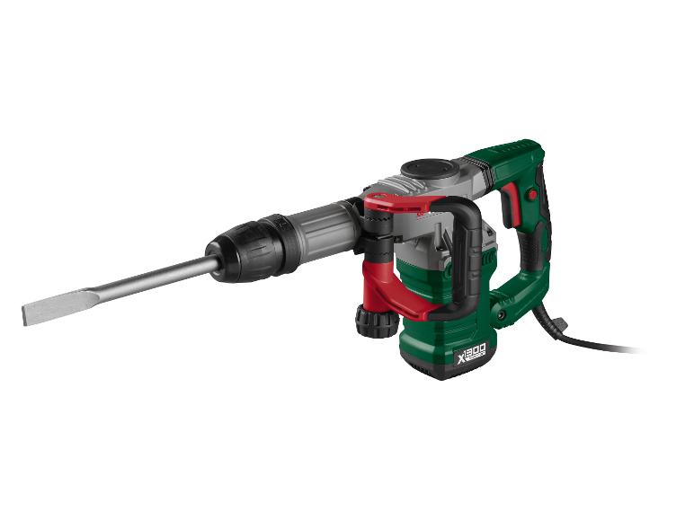 Grüner und grauer Bohrhammer mit Flachmeißel, mit Stromkabel.