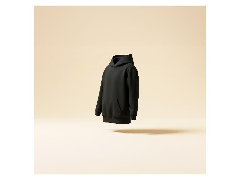 Schwarzer Hoodie schwebt vor beigem Hintergrund.