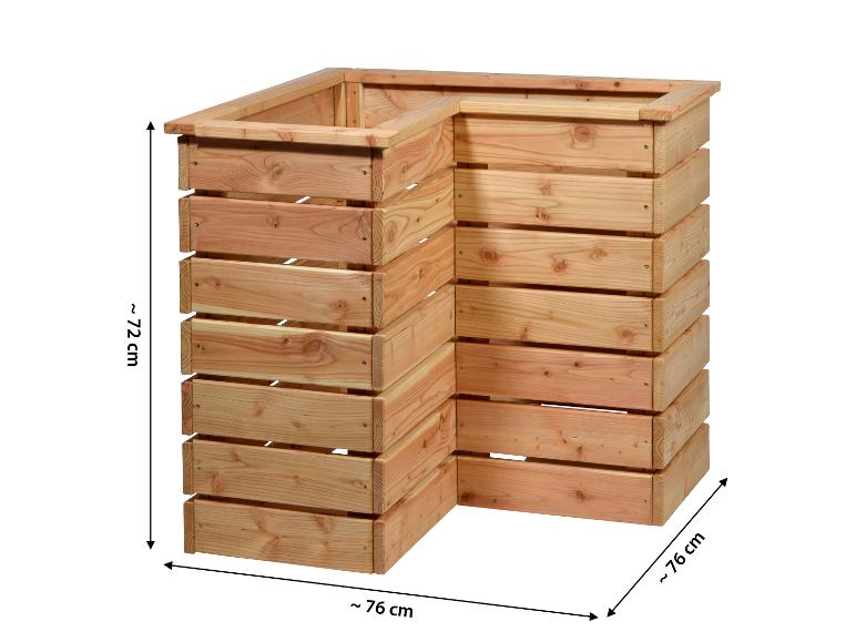 L-förmiges Hochbeet aus Holz mit den Maßen ca. 72 cm Höhe und 76 cm Breite.