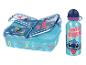 Blaue Brotdose und Wasserflasche mit Zeichentrickfigur-Design und „JUST STITCH“-Text.