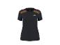 Schwarzes Kurzarm-Sport-T-Shirt mit roten und gelben Streifen auf den Schultern.
