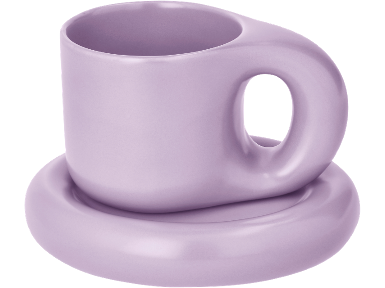 Lila Tasse und Untertasse im modernen, abgerundeten Design.