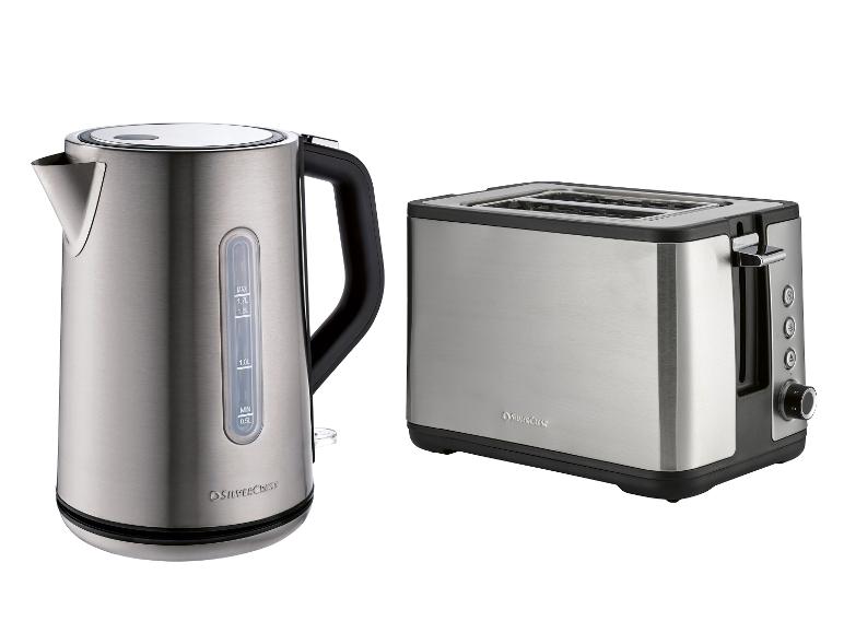 Wasserkocher und Toaster aus Edelstahl mit schwarzen Akzenten.