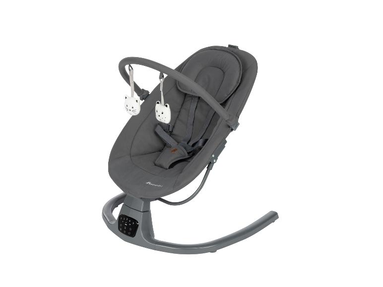 Graue Babywippe mit Spielbogen und Bedienfeld