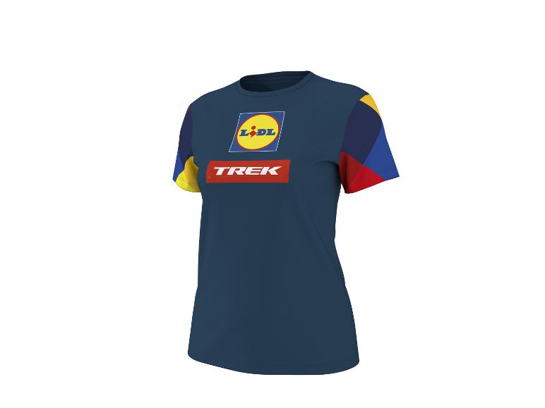 Dunkelblaues Kurzarm-T-Shirt mit farbigen Einsätzen und Logo auf der Brust.