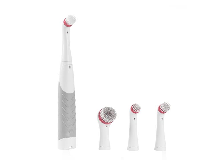 Eine elektrische Reinigungsbürste mit verschiedenen Bürstenköpfen.