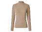 Beiges, geripptes Damen-Langarmshirt mit Stehkragen.