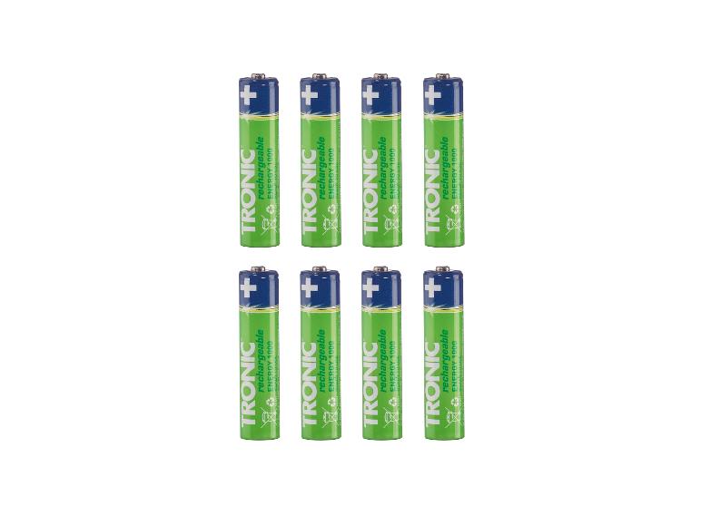 Acht TRONIC wiederaufladbare AAA-Batterien mit 1000 mAh Kapazität.
