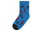 Blaue Socke mit Spinnen- und Blitzmotiven.